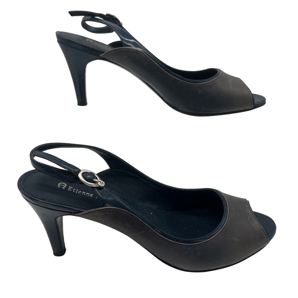 Etienne Aigner Mariana Slingback Heels 8M Grey Navy  Peep Toe Patent Pumps VTG